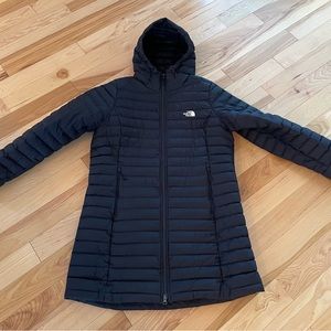 Women’s North Face Stretch Long Down Jacket Navy XL